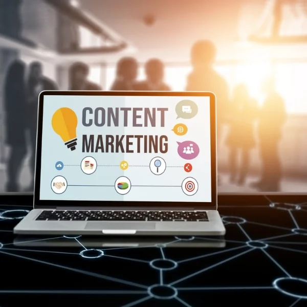 “Digital content marketing services illustrated on laptop screen