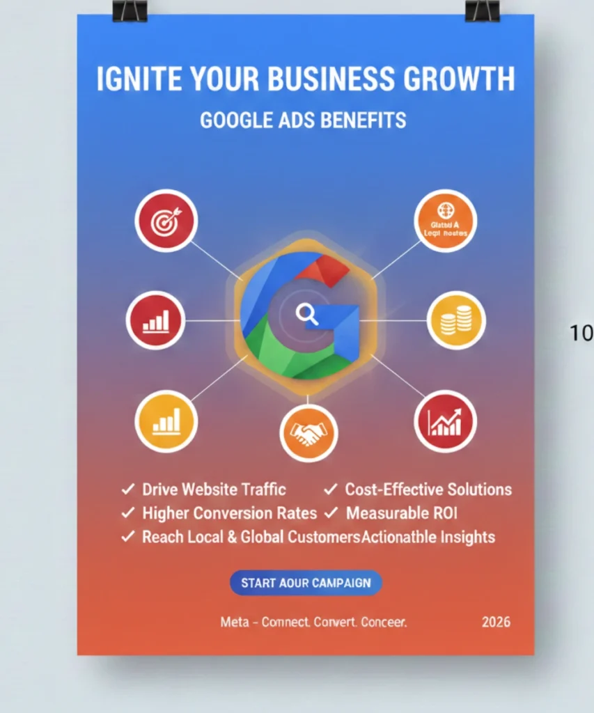 Google Ads benefits showing higher website traffic, better conversions, and measurable return on investment