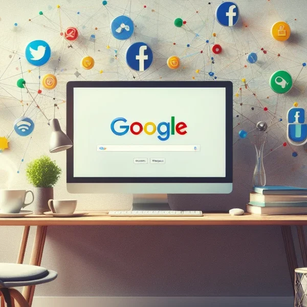 “Digital marketing workspace showing Google search and social media marketing strategy”