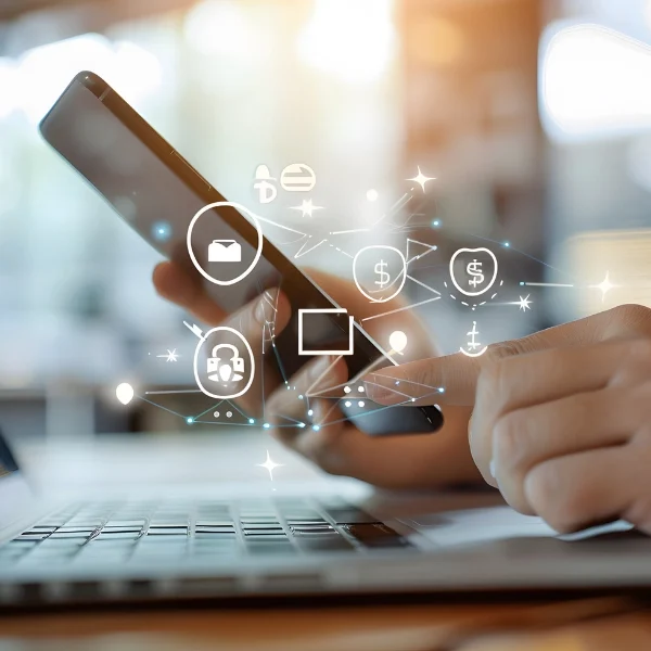 “Digital advertising concept showing a person using a laptop with online ads, audience targeting, analytics, and marketing icons.”