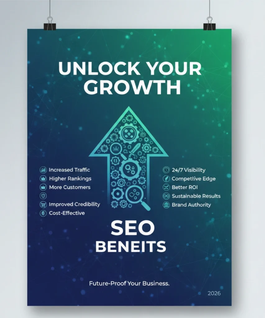 SEO benefits poster showing business growth,