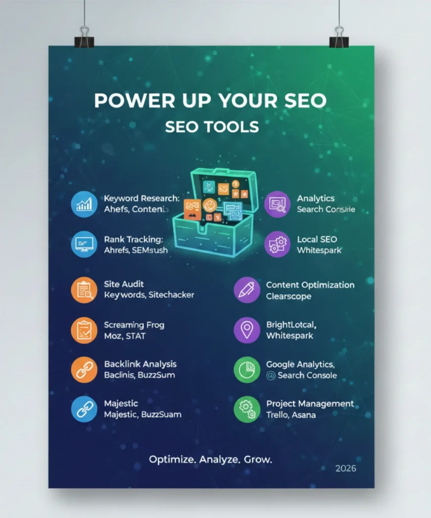 SEO tools infographic showing keyword research, rank tracking, site audit, backlink analysis, analytics, and content optimization