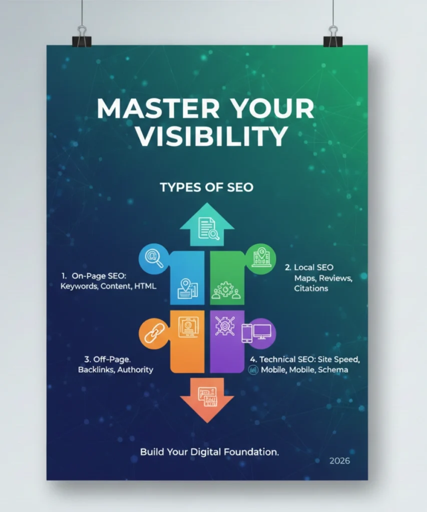 Types of SEO infographic showing on-page SEO, off-page SEO, technical SEO, and local SEO to improve website visibility