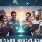 Digital marketing for small business in 2026 showing SEO, online growth, and team collaboration using digital strategies