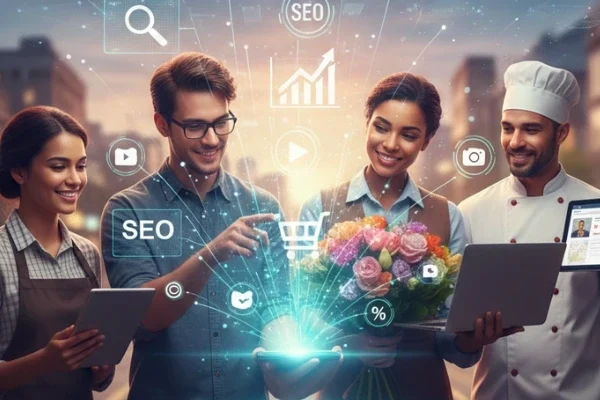Digital marketing for small business in 2026 showing SEO, online growth, and team collaboration using digital strategies