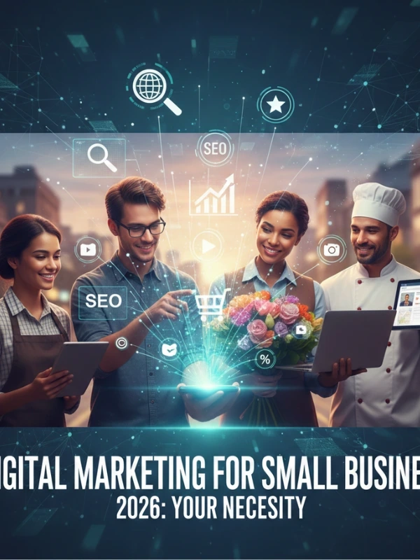 Digital marketing for small business in 2026 showing SEO, online growth, and team collaboration using digital strategies