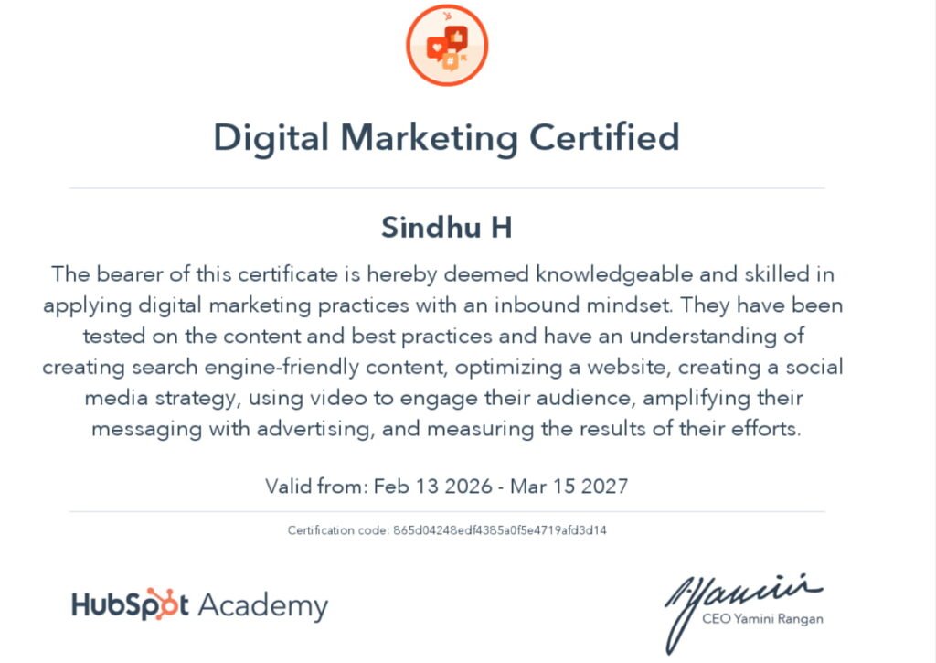 HubSpot Academy Digital Marketing Certification completed by Sindhu H