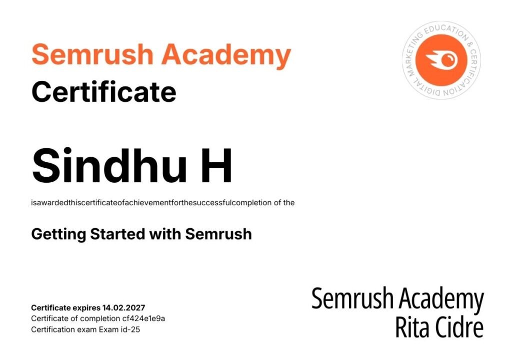 SEMrush Academy Getting Started with Semrush certificate awarded to Sindhu H