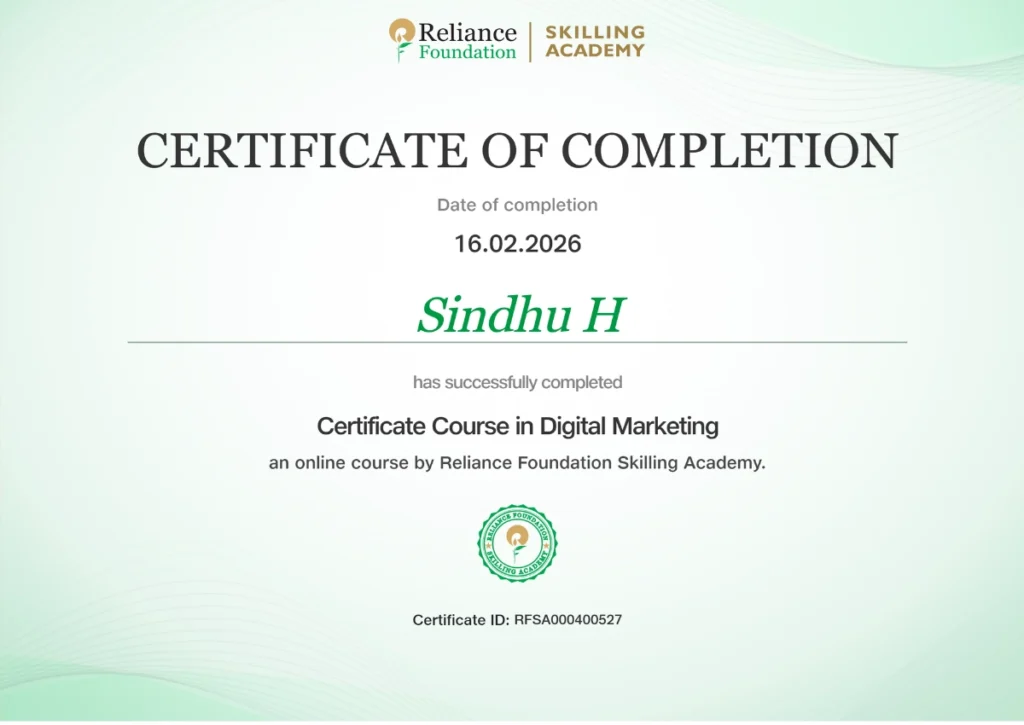 Reliance Foundation Skilling Academy Digital Marketing certificate issued to Sindhu H