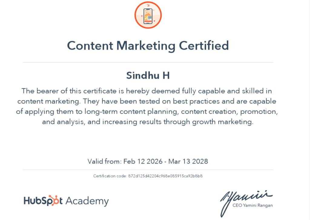 HubSpot Academy Content Marketing Certification earned by Sindhu H