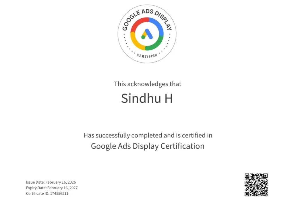 Google Ads Display Certification awarded to Sindhu H