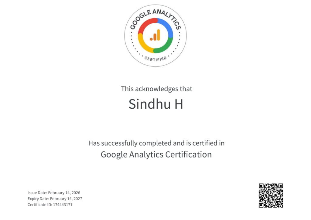 Google Analytics Certification certificate issued to Sindhu H